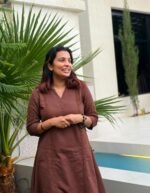 Brown  A-line kurti with collar neck